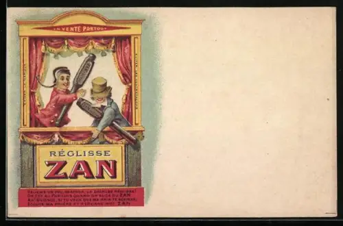 AK ZAN-Pastilles, chinesisches Puppentheater, Marionetten prügeln sich mit Pastillen-Spender