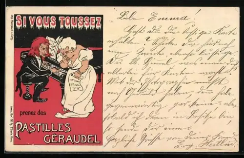 AK Pastilles Géraudel, Reklame für Hustenpastillen, Sängerin hustet bei einem Auftritt