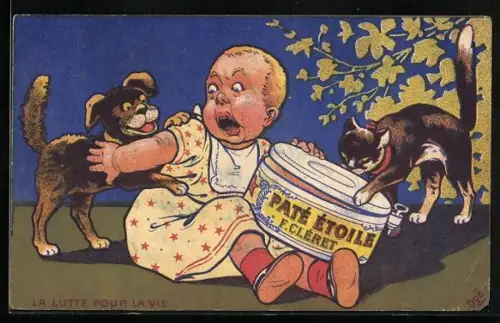 AK Reklame für Paté Étoile, F. Cléret, Kind streitet sich mit Hund und Katze um die Dose