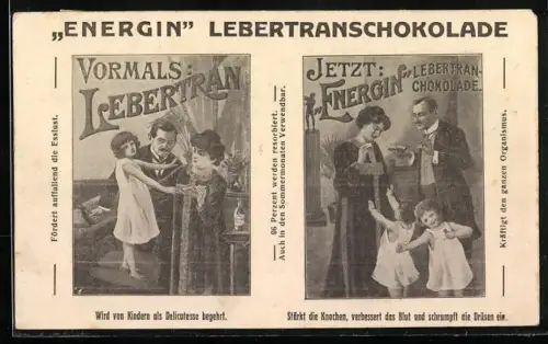 AK Reklame für Energin Lebertranschokolade, Eltern geben den Kindern Lebertran zur Stärkung
