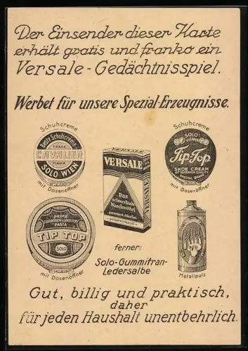 AK Reklame für Versale Waschmittel, Tip-Top Schuhcreme und Cavalier Schuhcreme, Produktmuster