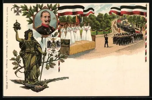 Lithographie Portrait Kaiser Wilhelm II., Germania mit Wappen