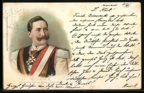 Lithographie Kaiser Wilhelm II. in Uniform mit Orden und Ehrenzeichen