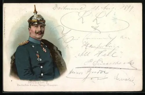 Lithographie Kaiser Wilhelm II. in Uniform mit Pickelhaube