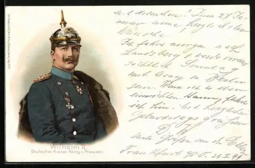Lithographie Kaiser Wilhelm II. in Uniform mit Pickelhaube und Orden