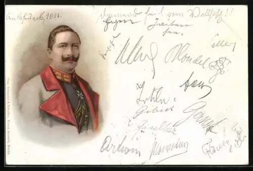 Lithographie Kaiser Wilhelm II. in Uniform mit Mantel