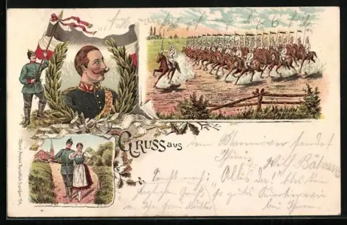 Lithographie Kaisermanöver, Soldaten, Porträit des Kaisers