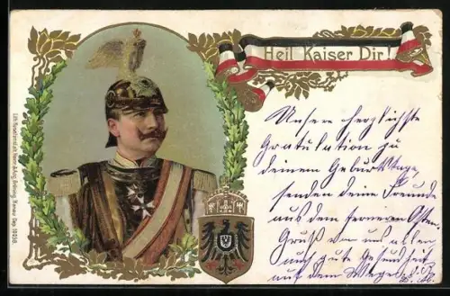 Lithographie Heil Kaiser Dir!, Portrait von Kaiser Wilhelm II. in Uniform