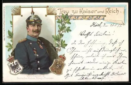 Lithographie Treu zu Kaiser und Reich, Kaiser Wilhelm II. in Uniform