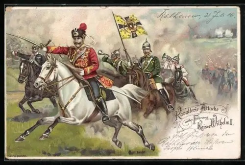 Lithographie Kavallerie-Attacke unter Führung Kaiser Wilhelm II., Husar