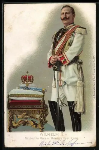 Lithographie Kaiser Wilhelm II. mit Degen und Krone