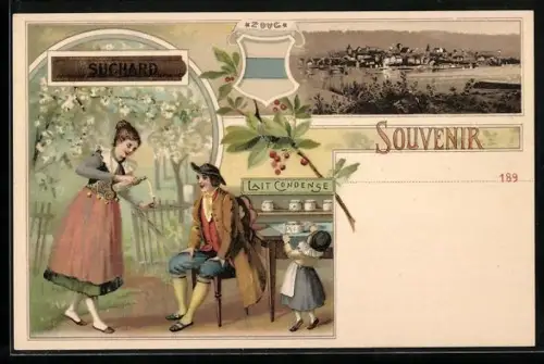 Lithographie Zug, Ortsansicht, Reklame für Suchard Kondensmilch