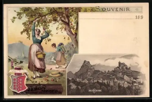 Lithographie Neuchatel, Kakao Suchard, Dame beim Äpfelpflücken, Blick über Sion