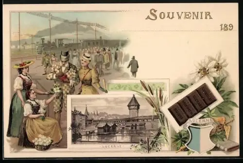Lithographie Lucerne / Luzern, Reklame für Schokolade, Kappelbrücke, Blumenverkäuferin, Wappen, Eisenbahn