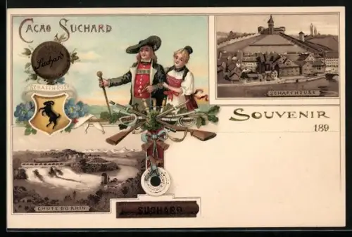 AK Schaffhausen, Ortspartie mit Burg, Rheinfall, Paar in Trachten