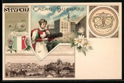 Lithographie Neuchatel, Kakao Suchard, Panorama, Dame in Tracht, Wappen