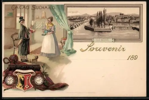 Lithographie Geneve, Reklame für Suchard-Kakao, Ortsansicht, Wappen