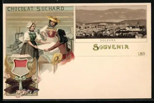 Lithographie Soleure, Gesamtansicht, Chocolat Suchard, Frauen in der Weberei, Wappen