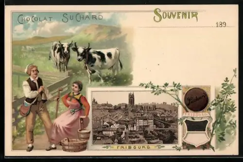 Lithographie Fribourg, Panorama, Reklame Suchard, Melkerin
