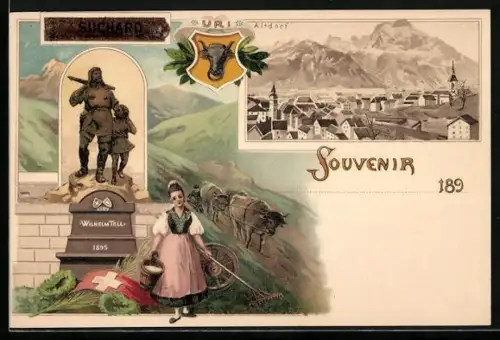 Lithographie Altdorf, Wilhelm Tell-Denkmal, Ortsansicht, Almbäuerin, Wappen Uri, Reklame Suchard