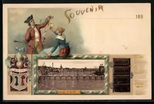 Lithographie Basel, Rheinbrücken, Werbung Chocolat Suchard