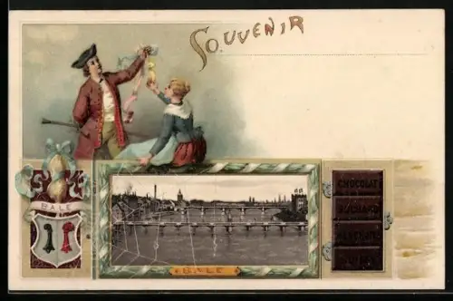 Künstler-AK Basel, Panorama mit Brücken, Reklame für Cakao Suchard