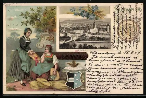Lithographie Aarau, Gesamtansicht, Suchard Kakao, Bauersfrauen mit Garben, Wappen