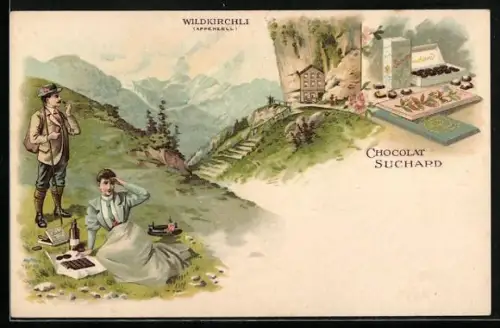 Lithographie Wildkirchli, Chocolat Suchard, Paar beim Picknick