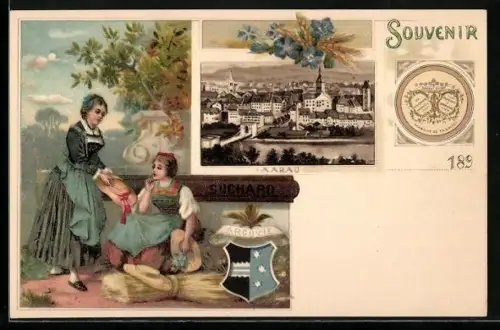 Lithographie Aarau, Gesamtansicht, Suchard Kakao, Bauersfrauen mit Garben, Wappen