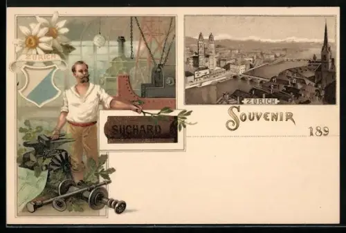 Lithographie Zürich, Ortsansicht, Reklame Kakao Suchard