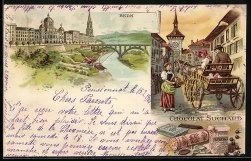 Lithographie Bern, Reklame für Chocolat Suchard, Ortspartie mit Brücke, Paar mit Kutsche, Kakao