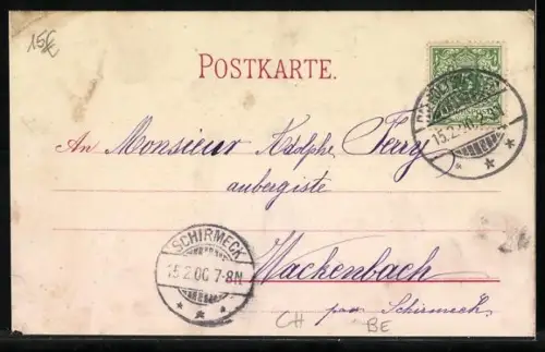 Lithographie Bern, Reklame für Chocolat Suchard, Ortspartie mit Brücke, Paar mit Kutsche, Kakao