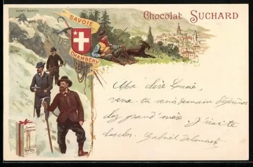Lithographie Chambéry, Reklame für Chocolat Suchard, Ortsansicht, Bergsteiger am Mont-Blanc, Kakao