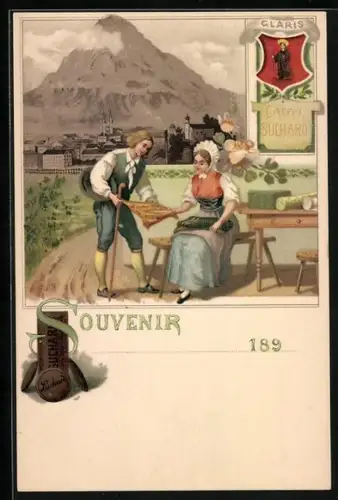 Lithographie Glarus, Reklame für Cacao Suchard, Tuchverkäuferin, Ortsansicht