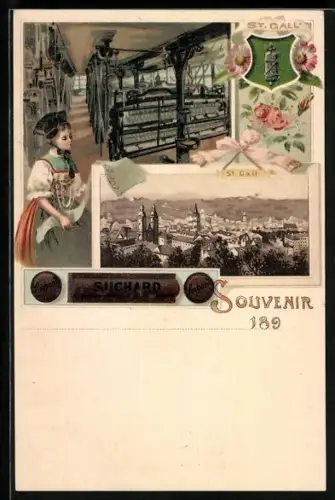 Künstler-AK St. Gallen, Teilansicht der Stadt, Weberei, Reklame für Cacao Suchard