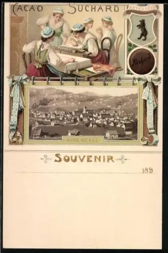 Lithographie Appenzell, Panoramablick auf den Ort, Blick in eine Webstube, Reklame für Cacao Suchard