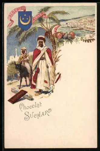 Lithographie Reklame für Chocolat Suchard, Algerier in Tracht, Wappen