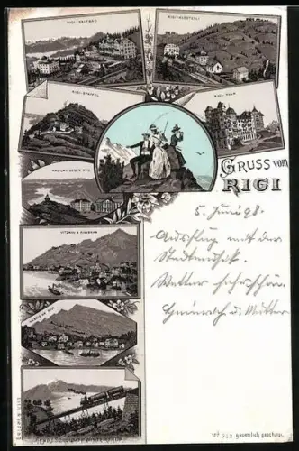 Lithographie Rigi, Rigi-Kaltbad, Rigi-Klösterli, Rigi-Staffel, Rigi-Kulm, Ansicht gegen Zug, Weggis am Rigi