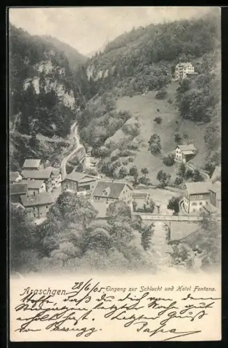 AK Araschgen, Eingang zur Schlucht und Hotel Fontana