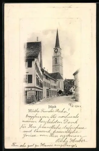 AK Bülach, Strassenpartie mit Blick zur Kirche
