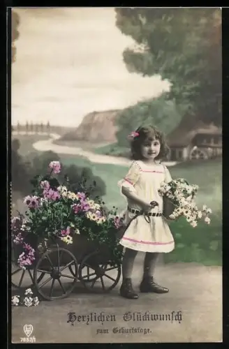 Foto-AK HB Nr. 7857/1: Kleines Mädchen mit einem Karren voller Blumen, Geburtstagswünsche