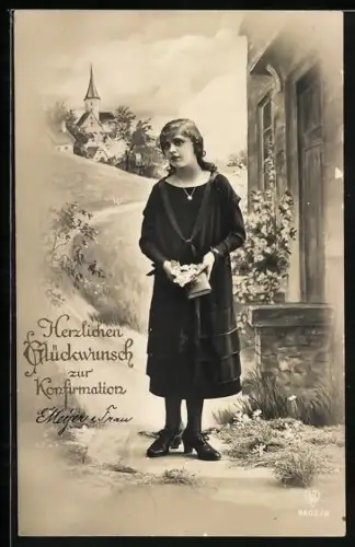 Foto-AK HB Nr. 9603/2: Mädchen mit Blume und Bibel zur Konfirmation