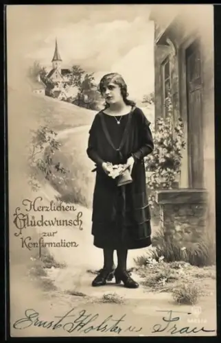 Foto-AK HB Nr. 9603/2: Junges Mädchen in dunklem Kleid zur Konfirmation