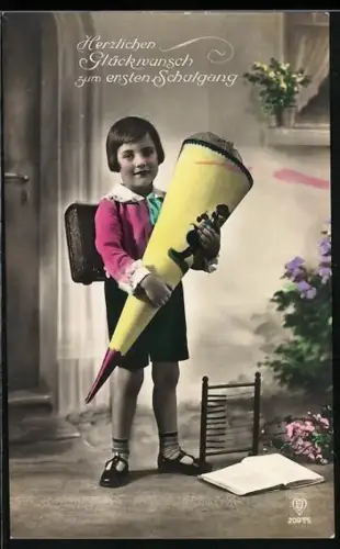 Foto-AK HB Nr. 2097/5: Kleines Kind mit Ranzen und Schultüte