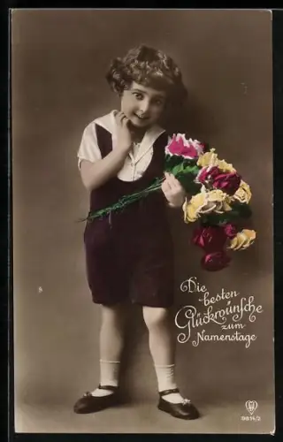 Foto-AK HB Nr. 9814/2: Kleines Kind hält einen Strauss bunter Rosen im Arm