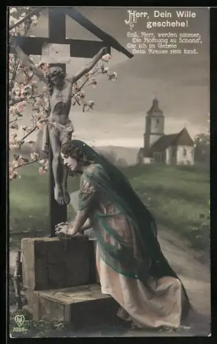 Foto-AK HB Nr. 7095: Junge Frau betet an einem Wegekreuz