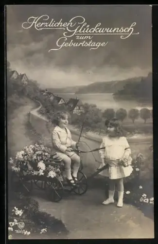 Foto-AK HB Nr. 7691/5: Zwei Kinder mit einem Karren voller Blumen