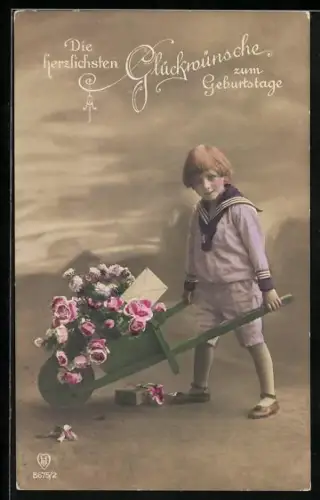 Foto-AK HB Nr. 8675/2: Kind in Matrosenanzug mit Karren voller Blumen