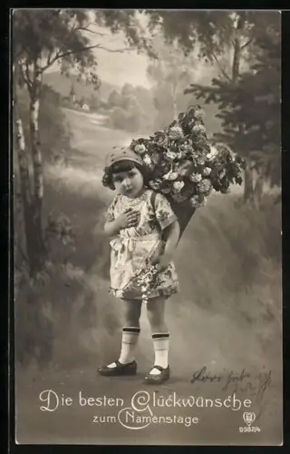 Foto-AK HB Nr. 9982/4: Kleinkind mit Korb voller Blumen auf dem Rücken