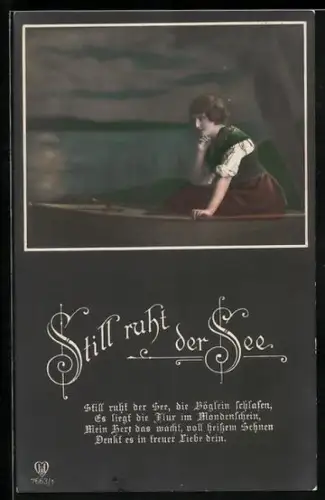 Foto-AK HB Nr. 7663/1: Junge Frau in einem Ruderboot, Still ruht der See